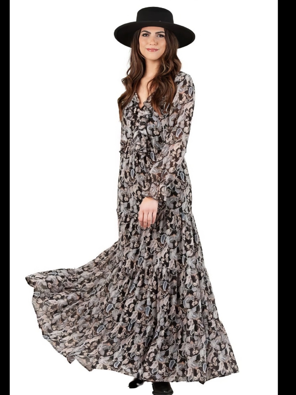 Lucca Couture Boho Black Floral Print Long Sleeve Maxi Dress ♥️NWT♥️